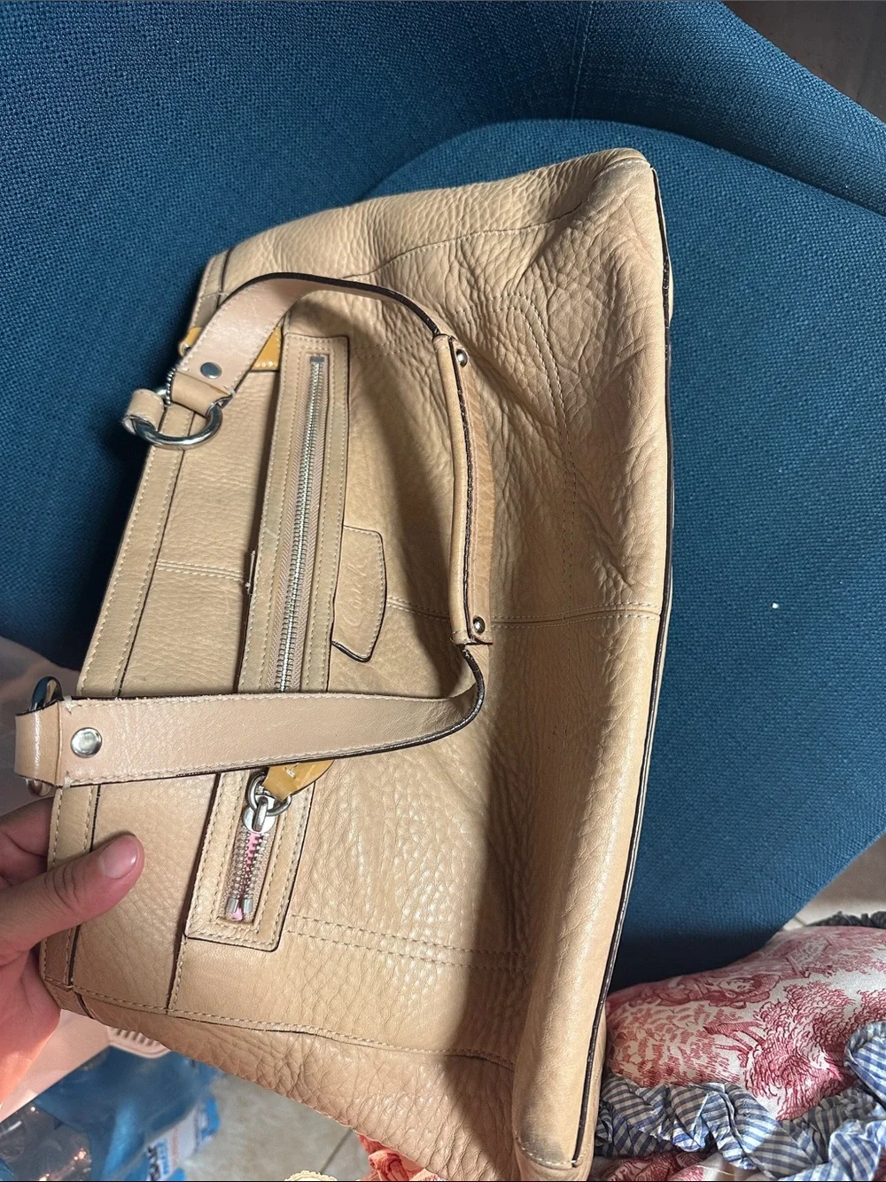 Coach Tan Pebbled Leather Tote with Front Zip Pocket